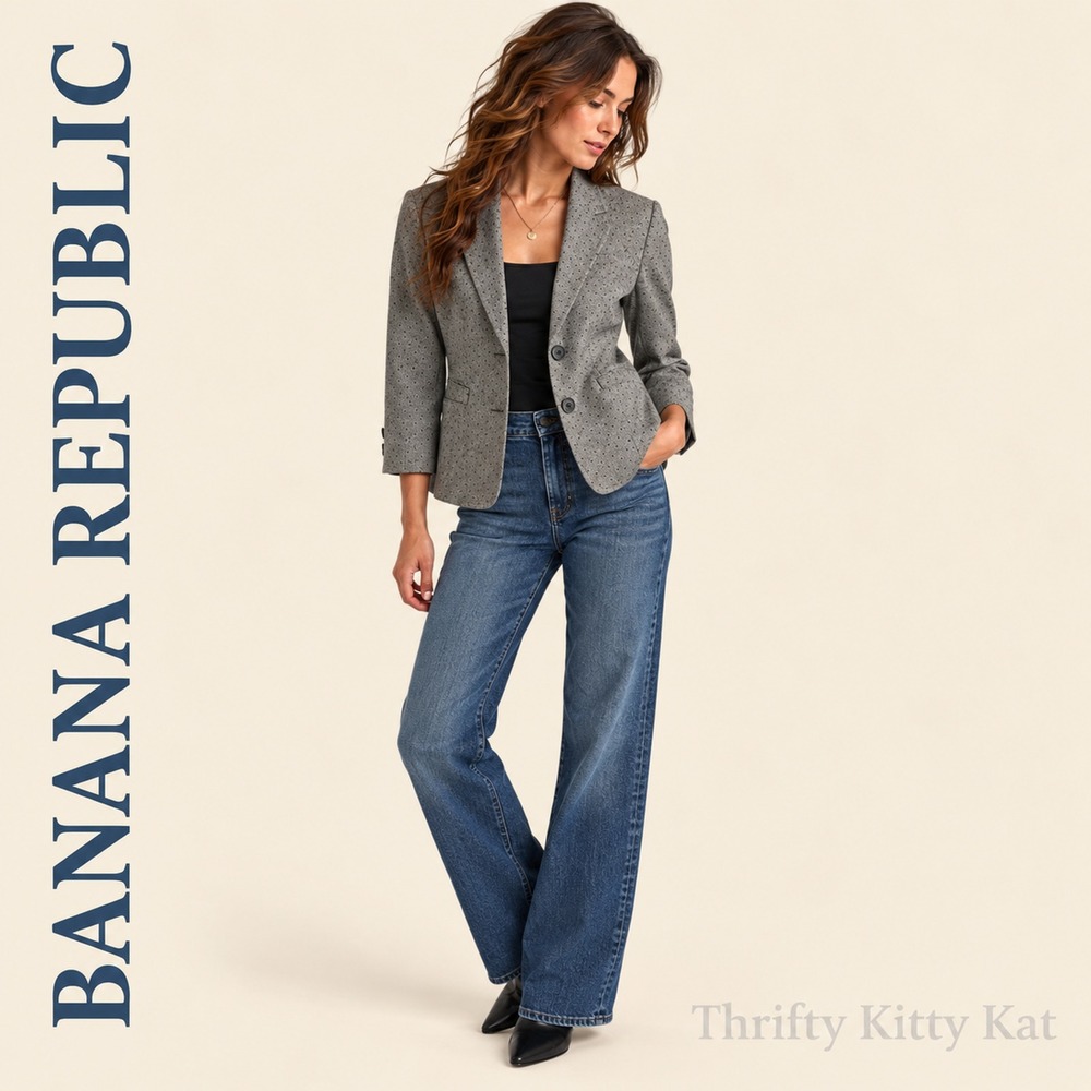 Banana Republic Petite Wool Blend Polka Dot Blazer Tailored Gray Black Preppy 4P